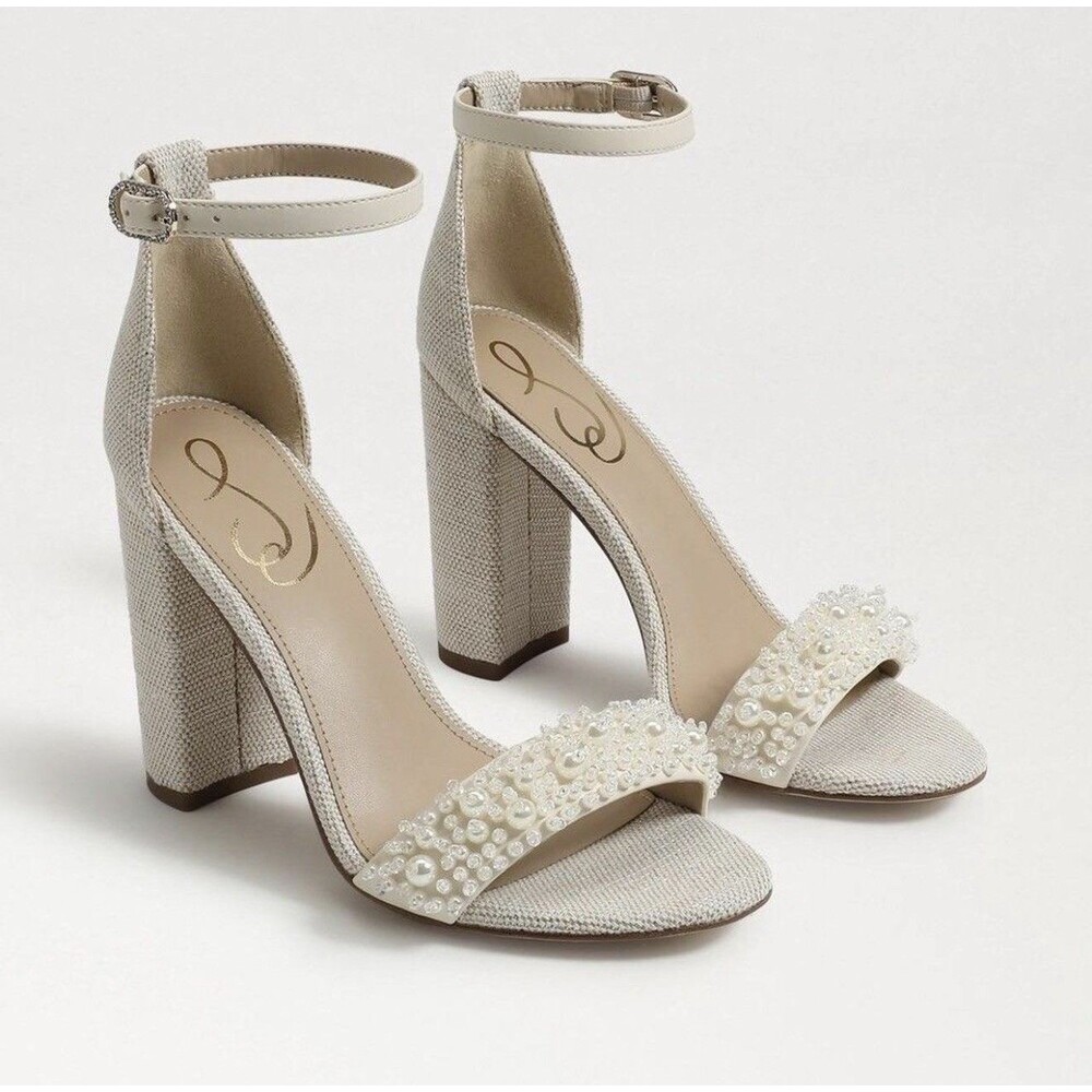 SAM EDELMAN Yaro Perla Beaded Block Heel Sandals Ivory US Size 7.5 Wedding Party - Picture 1 of 12